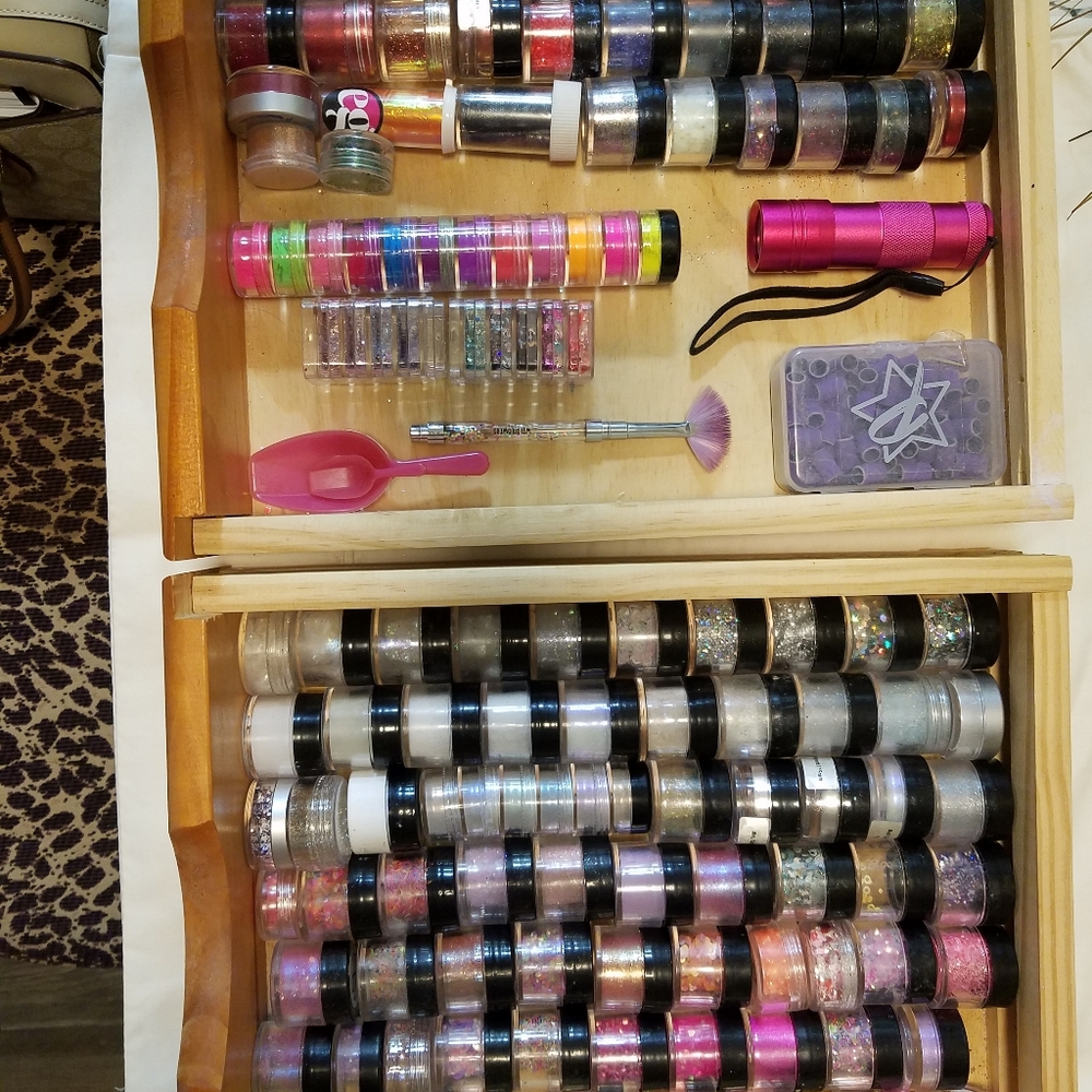 nail glitters and gel polish and different items.  price varies